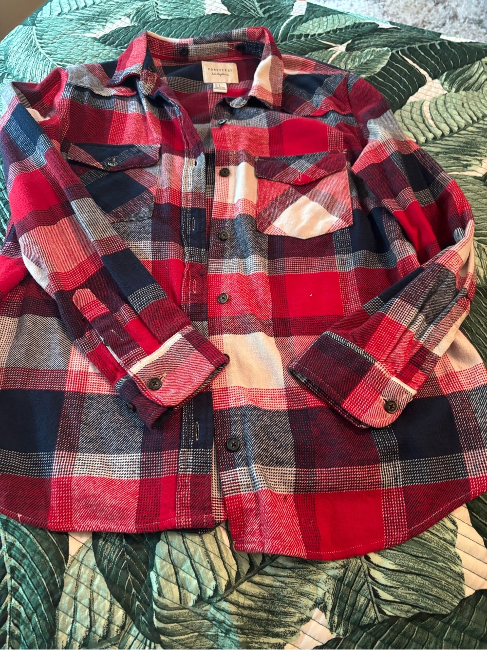 Forever 21 Red Navy Plaid Button-Up Shirt